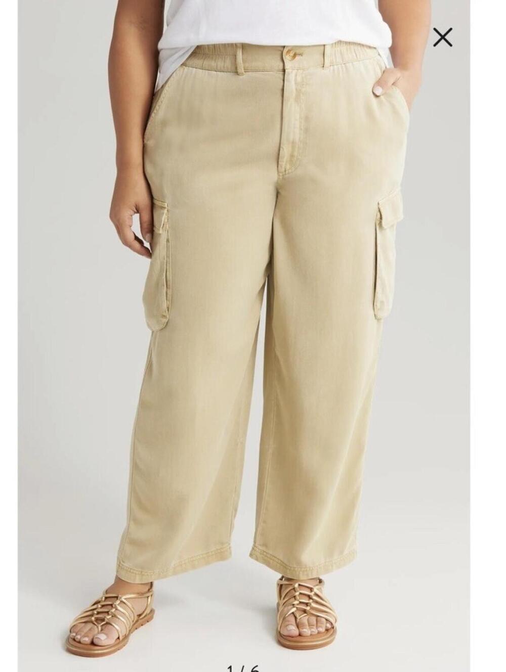 Treasure & Bond Pants Womens M Tan Straight Leg Cargo Soft Elastic Waist Boho